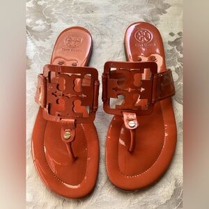 Tory Burch Patent Leather Vibrant Orange Miller Sandals w/ a Square Medallion 9